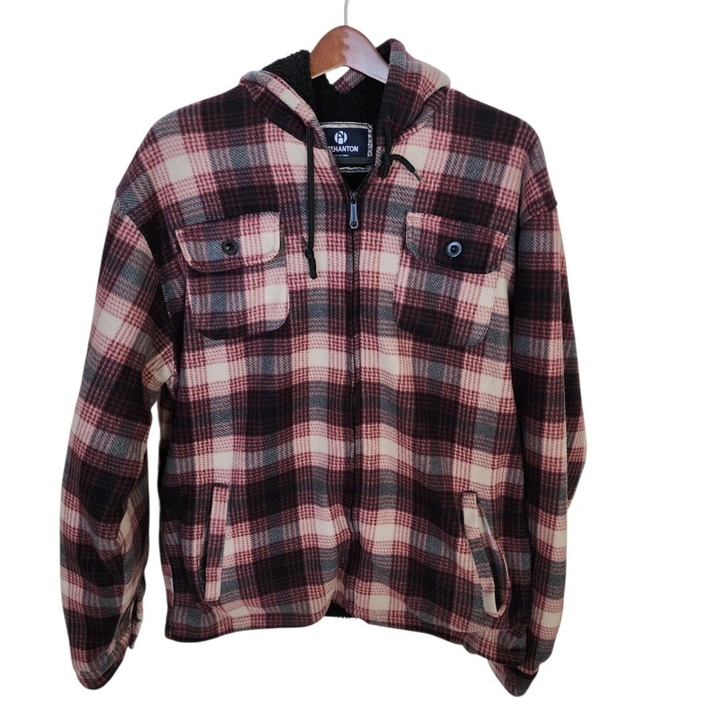 Leehanton Plaid Hooded Flannel Jacket Zip Up Sherpa Lined Red Black Men's 2XL